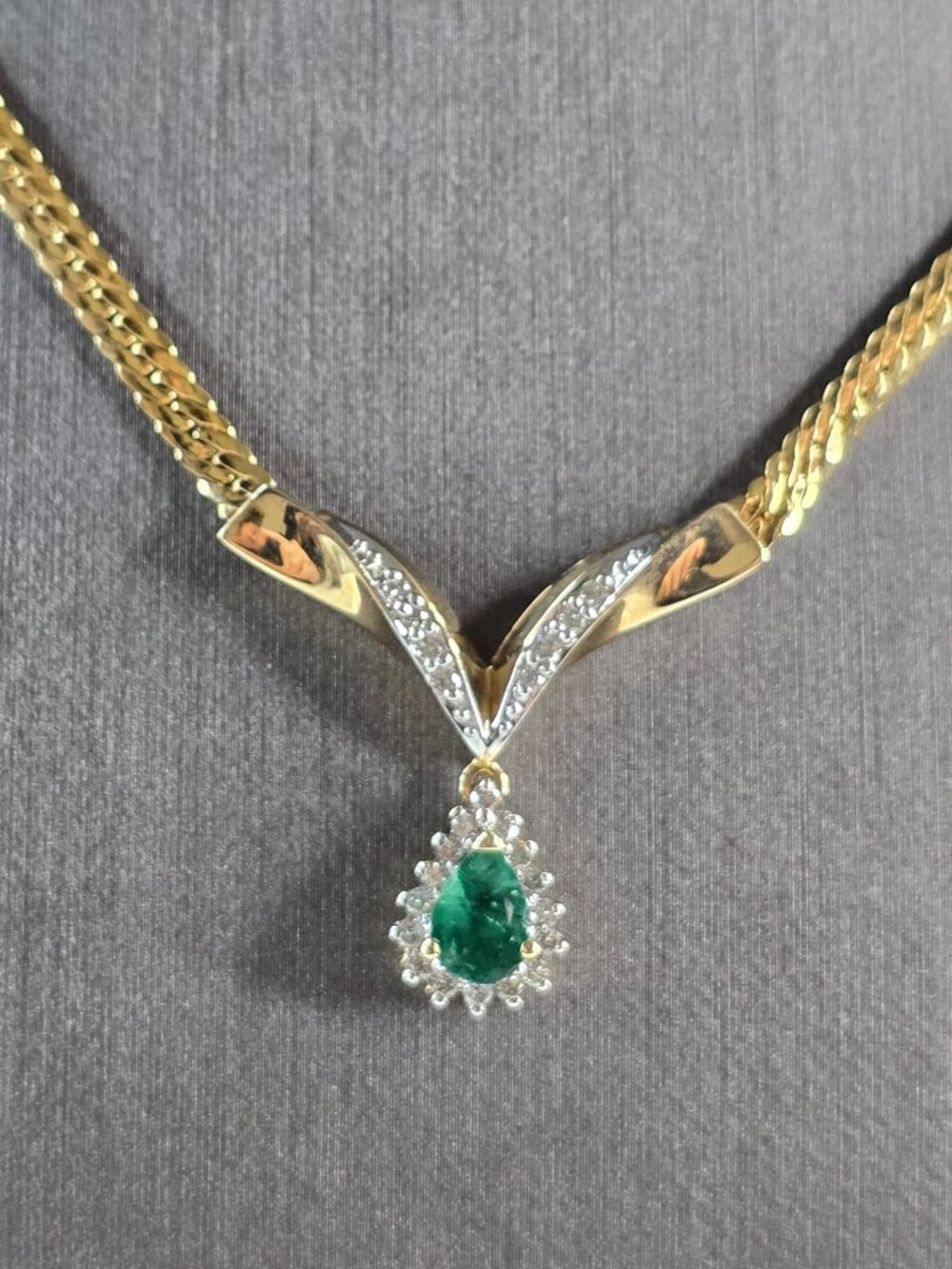 Womens Vintage Estate 14K Gold Necklace w/ Diamond Emerald Pendant 8.3g E5122